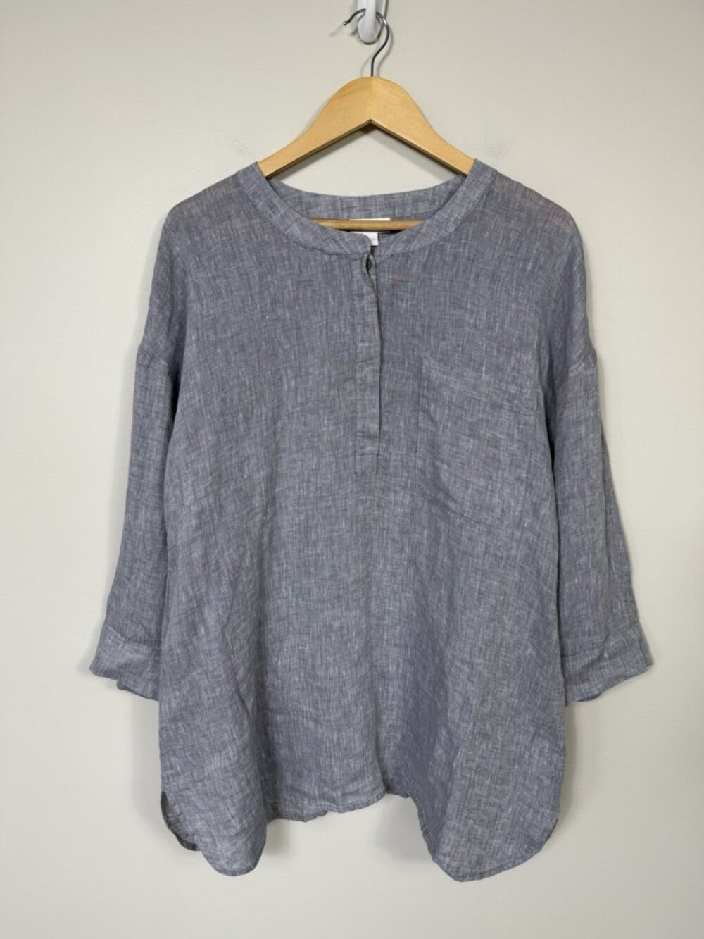 J Jill Top Womens Linen Top Blue 3/4 Long Sleeve Tunic Blouse Beach Chambray L